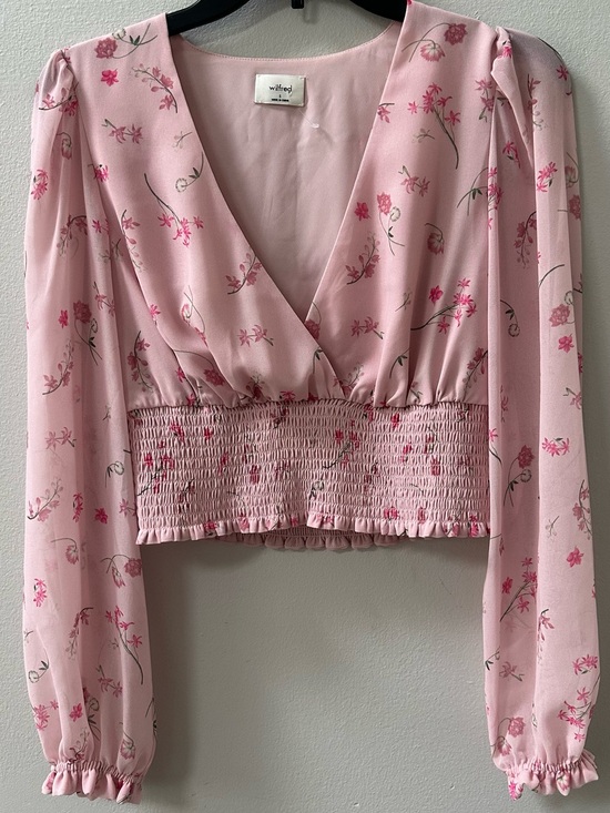 Wilfred Tops - Aritzia Wilfred Wistful Smocked Floral Crop Blouse Pink Small